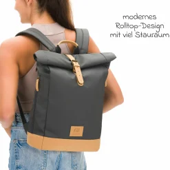 Wickeltasche Berlin im Rolltop-Design mit variablem Stauraum, ergonomische Gurte, Thermofach, Kinderwagenbefestigung & Wickelunterlage - Stone Grey