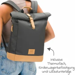 Wickeltasche Berlin im Rolltop-Design mit variablem Stauraum, ergonomische Gurte, Thermofach, Kinderwagenbefestigung & Wickelunterlage - Stone Grey