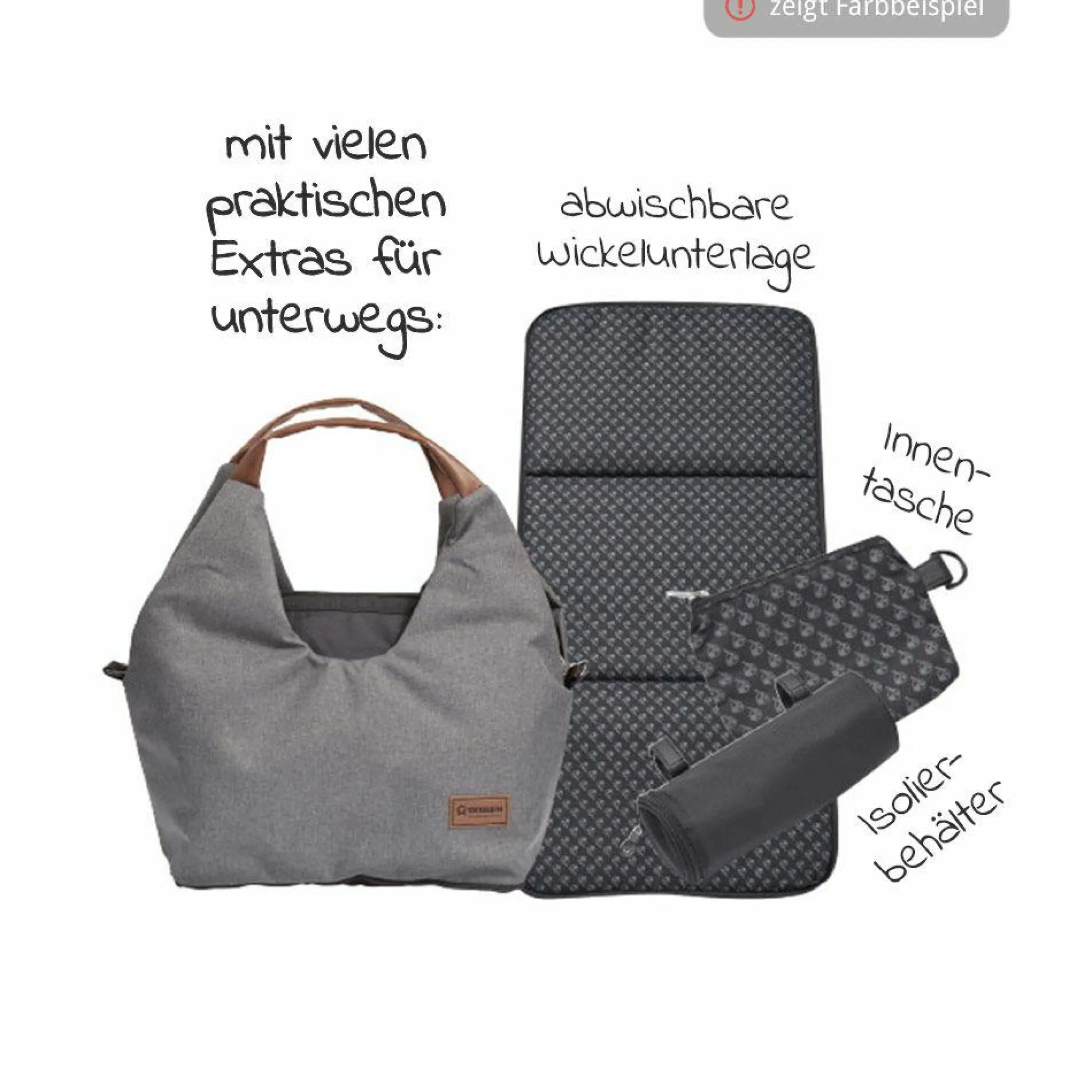 Wickeltasche N°5 mit Wickelunterlage, Reißverschlusstasche, Täschchen & Isolierbehälter - Sand - Kollektion 2024