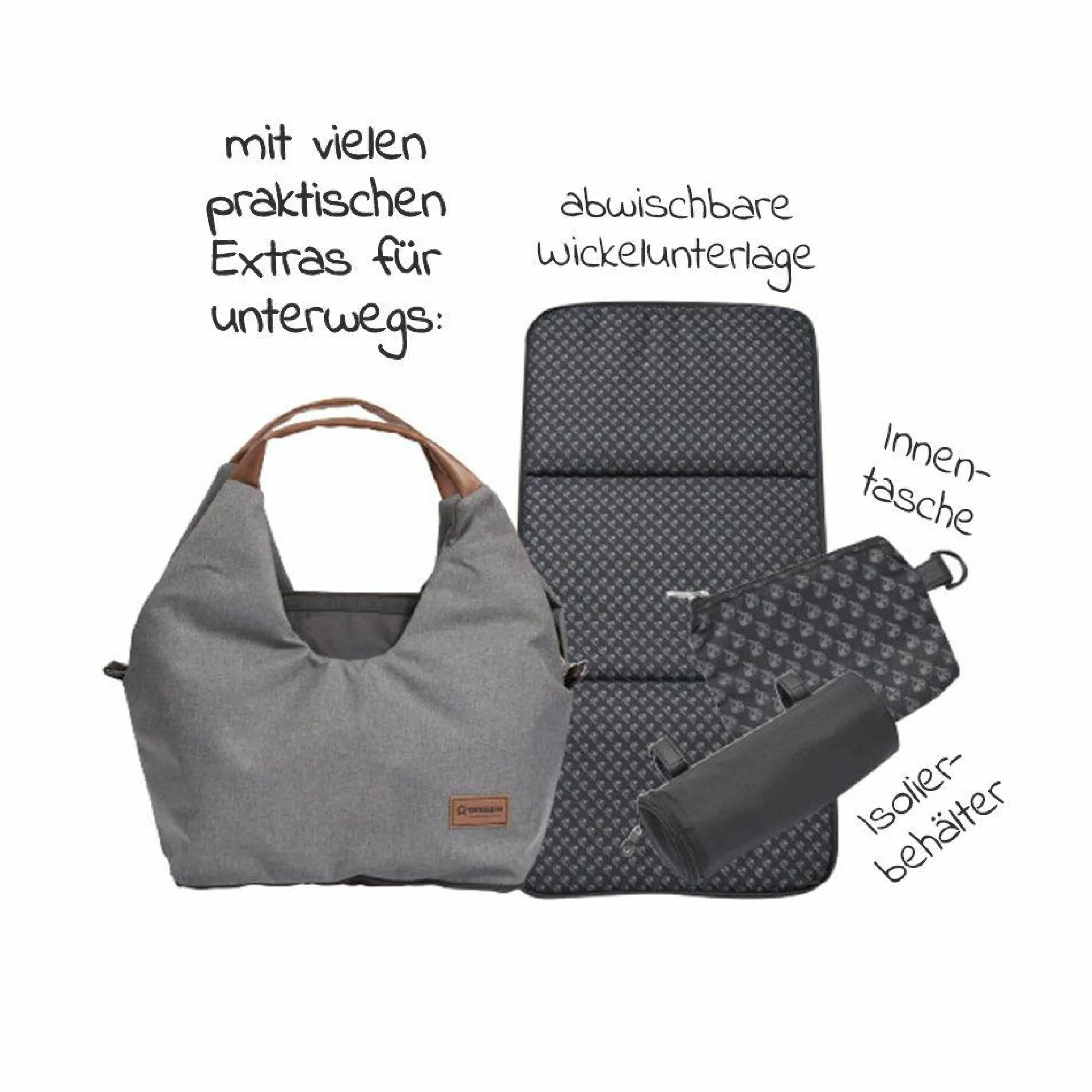 Wickeltasche N°5 mit Wickelunterlage, Reißverschlusstasche, Täschchen & Isolierbehälter - Grau Meliert - Kollektion 2024