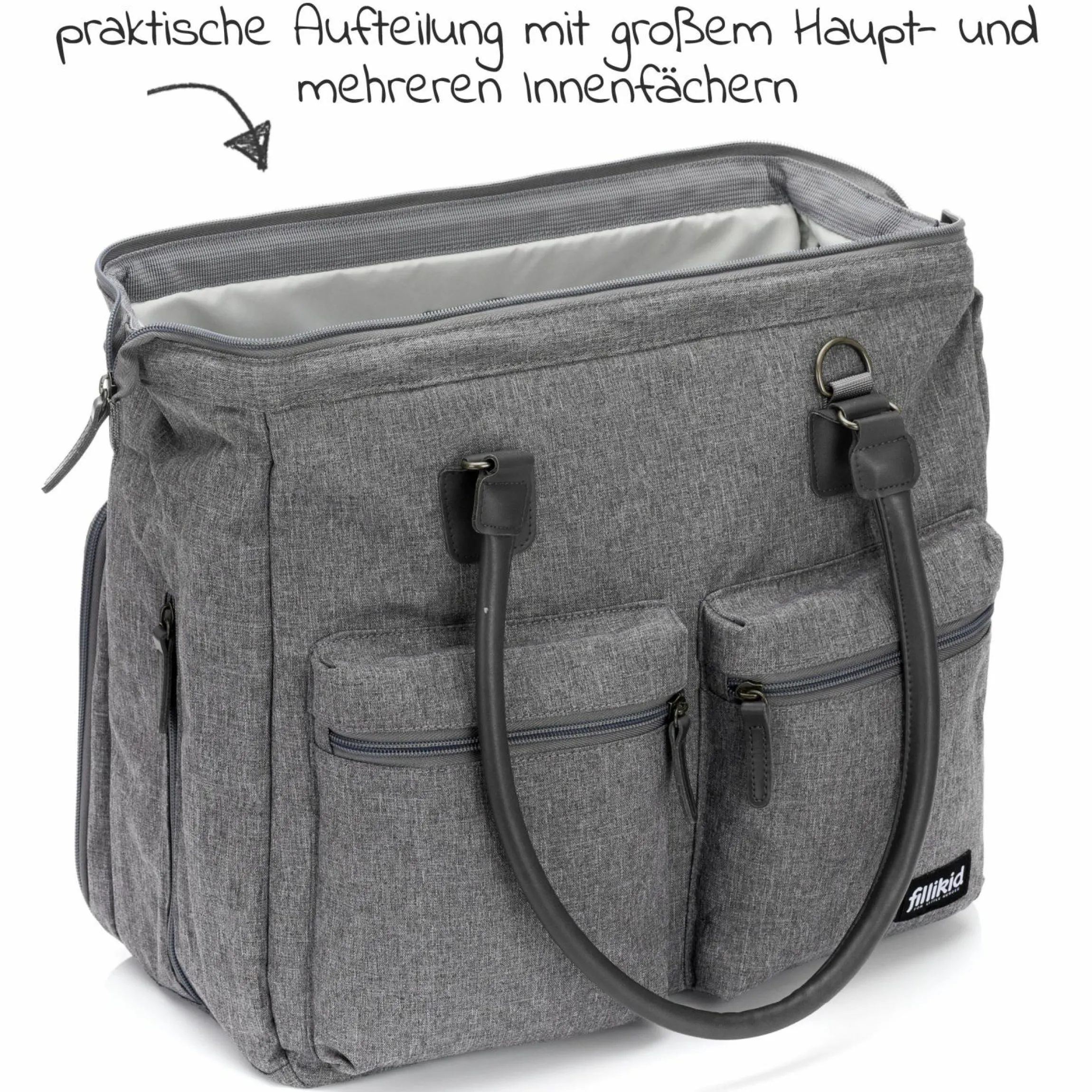 Wickeltasche Oxford mit Wickelunterlage, Innen- & Außenfächer - Grau Melange Exklusiv