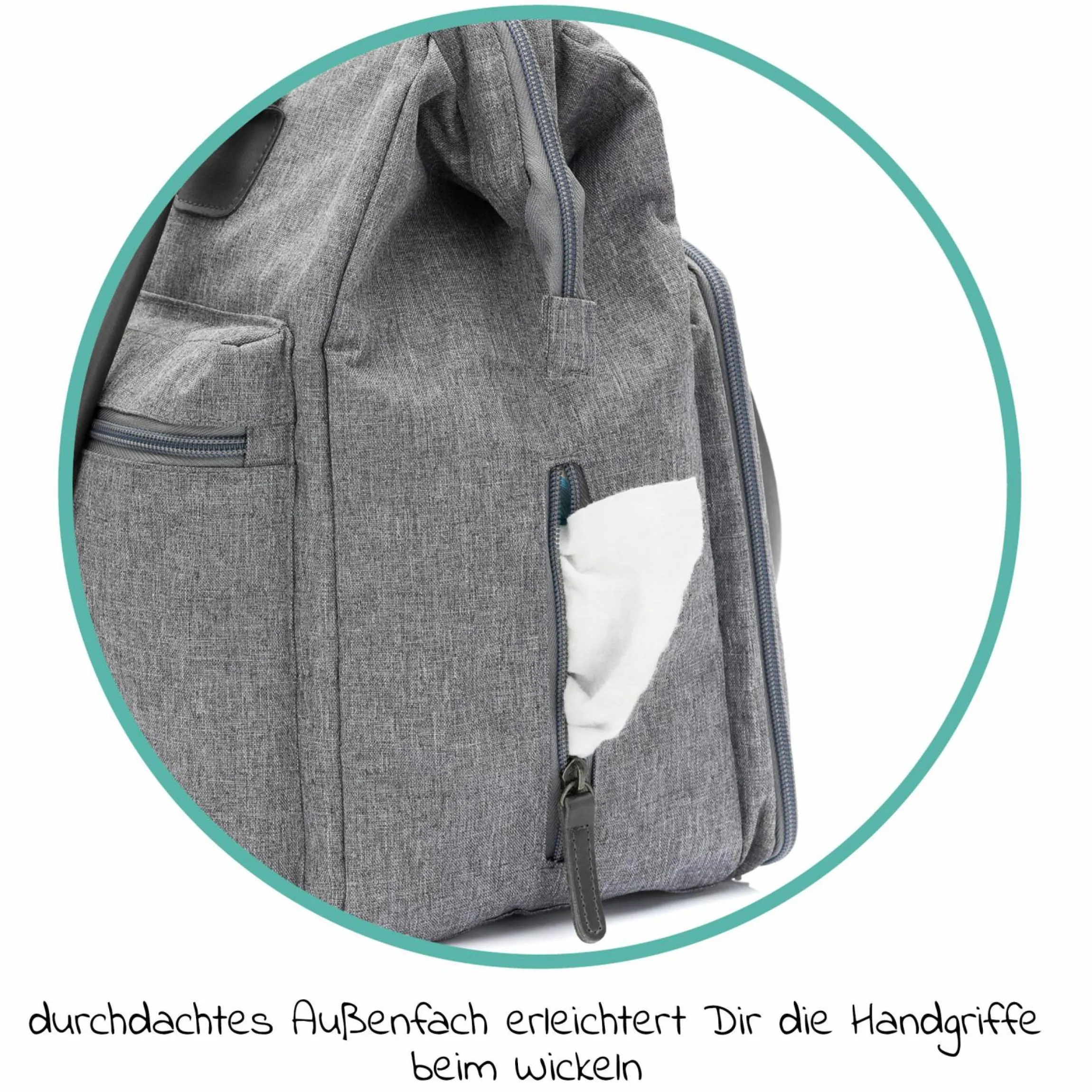 Wickeltasche Oxford mit Wickelunterlage, Innen- & Außenfächer - Grau Melange Exklusiv