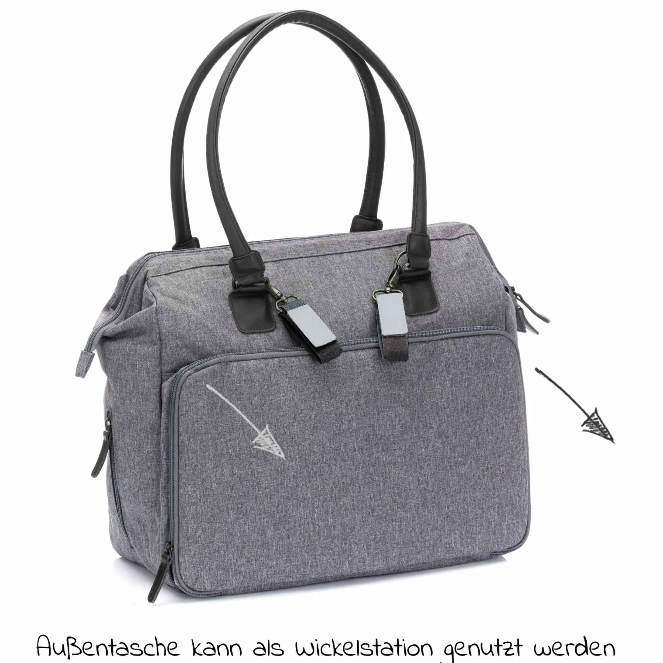 Wickeltasche Oxford mit Wickelunterlage, Innen- & Außenfächer - Grau Melange Exklusiv