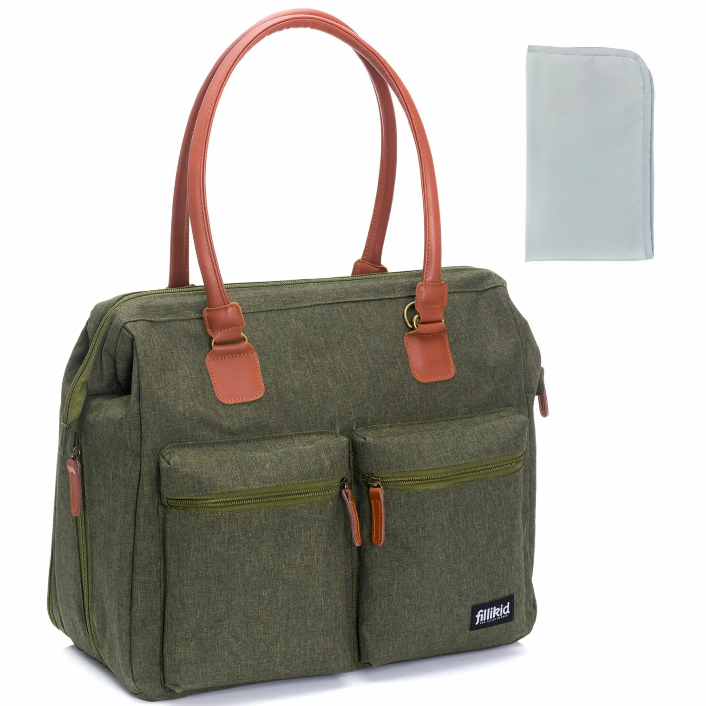 Wickeltasche Oxford mit Wickelauflage, Innnen- & Außenfächer - Dunkelgrün Melange