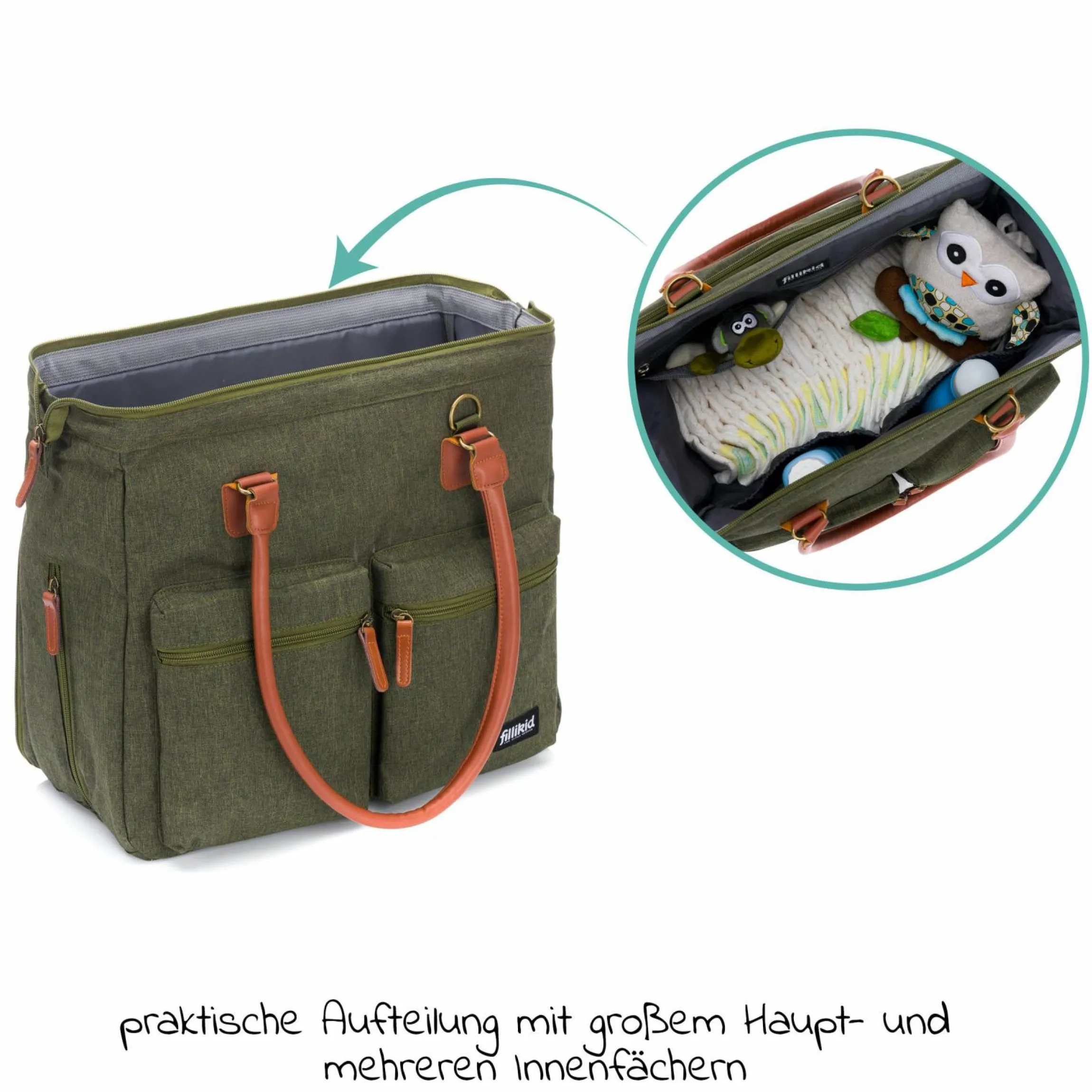 Wickeltasche Oxford mit Wickelauflage, Innnen- & Außenfächer - Dunkelgrün Melange