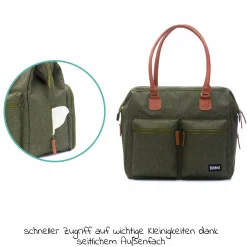 Wickeltasche Oxford mit Wickelauflage, Innnen- & Außenfächer - Dunkelgrün Melange