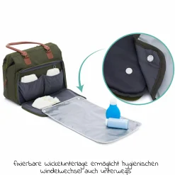 Wickeltasche Oxford mit Wickelauflage, Innnen- & Außenfächer - Dunkelgrün Melange