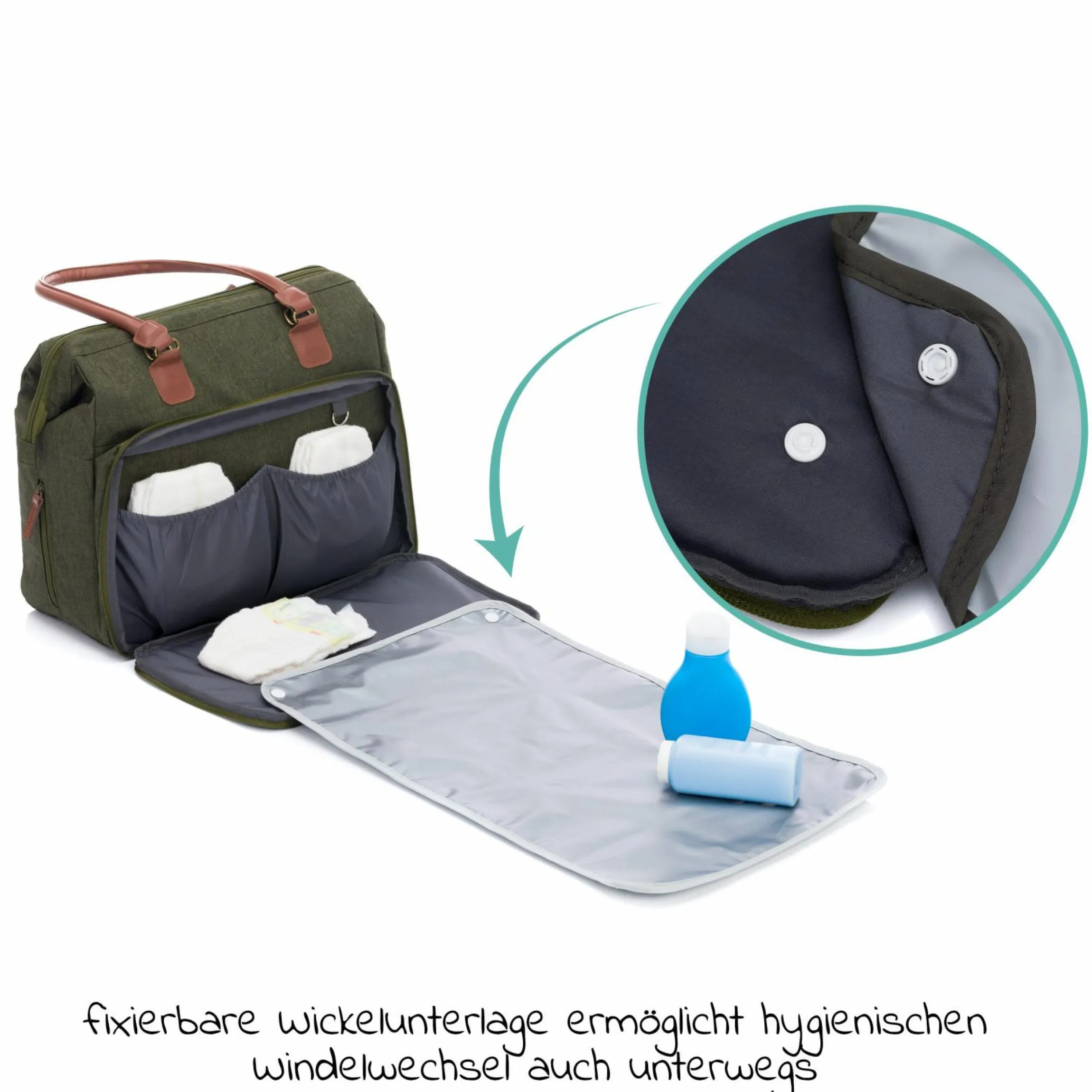 Wickeltasche Oxford mit Wickelauflage, Innnen- & Außenfächer - Dunkelgrün Melange