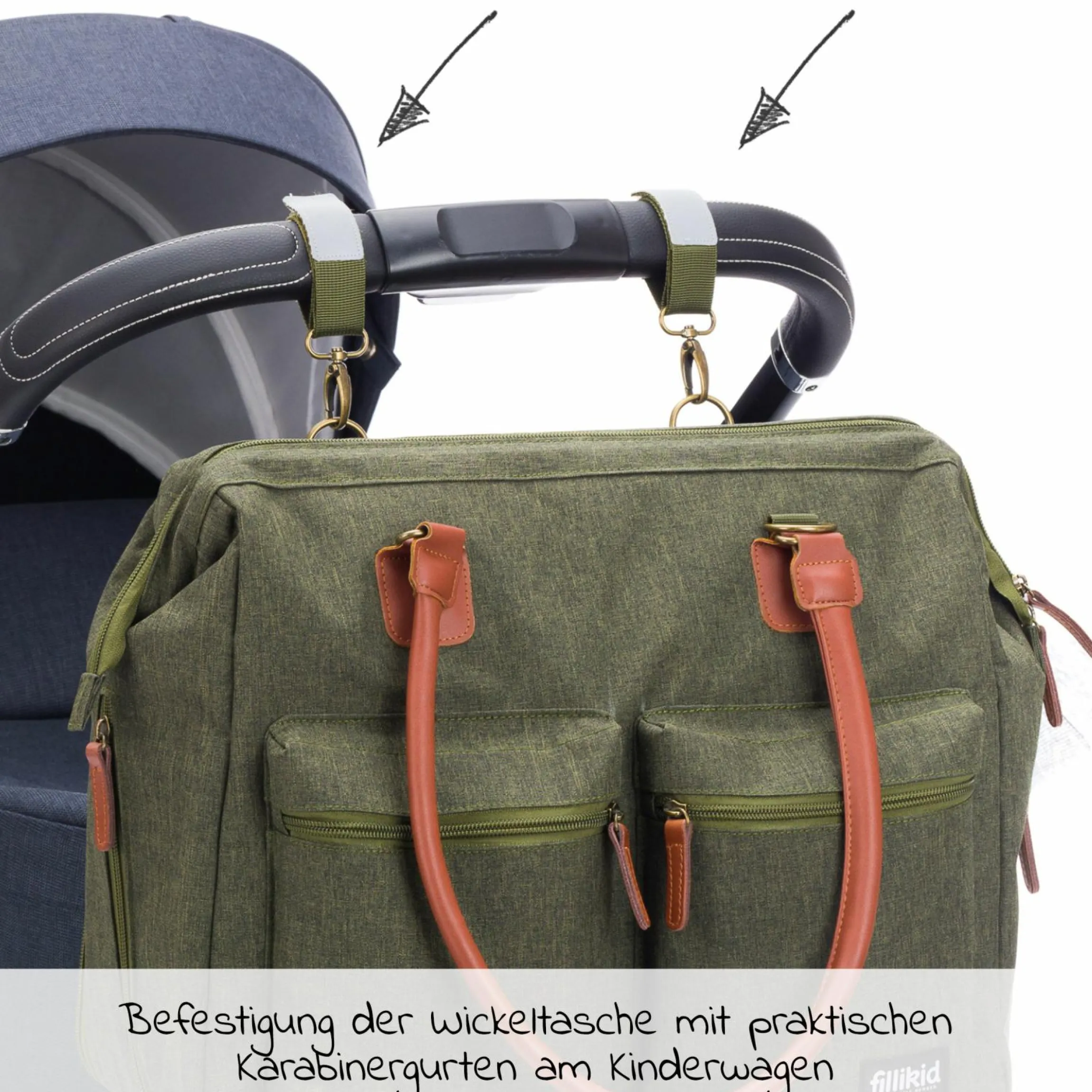 Wickeltasche Oxford mit Wickelauflage, Innnen- & Außenfächer - Dunkelgrün Melange