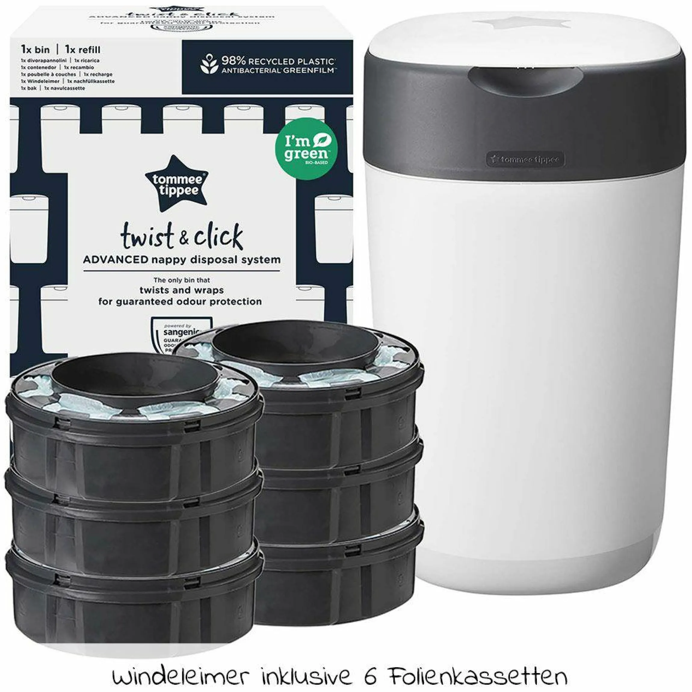 Windeleimer Twist and Click Sangenic inkl. 6 Nachfüllkassetten - Greenfilm™ - Weiß