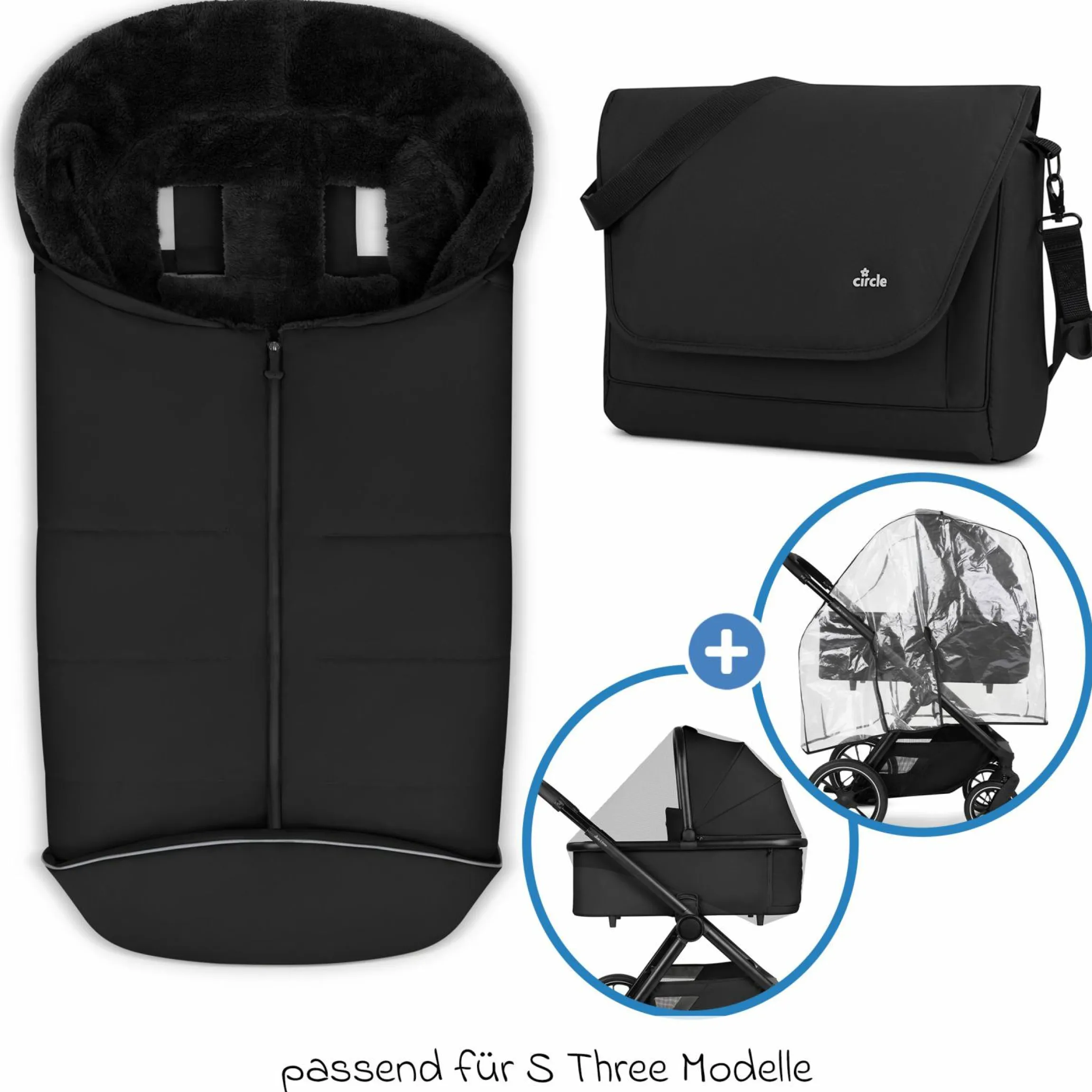 Zubehör-Set Kinderwagen mit Wickeltasche Easy, Winterfußsack, Regenschutz & Moskitonetz - Black