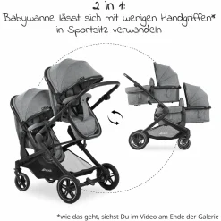 Zwillingskinderwagen Atlantic Twin (inkl. Babywanne für Neugeborene) - bis 36 kg belastbar - Melange Grey